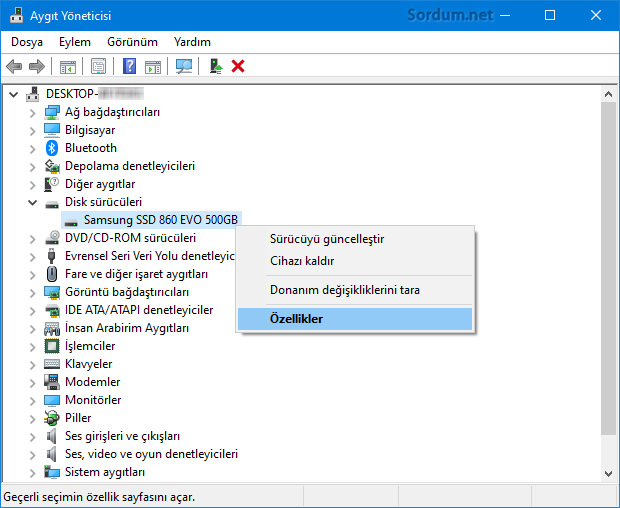 Aygıt yöneticisinde SSD özellikleri