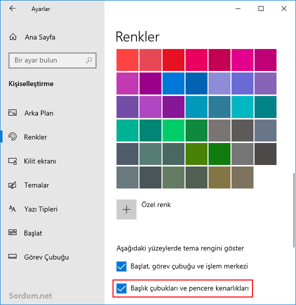 Başlık çubuğu renk ayarları