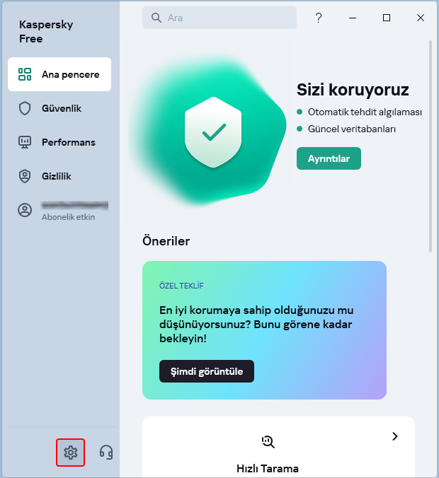 Kaspersky ayarlar dişli çarkı