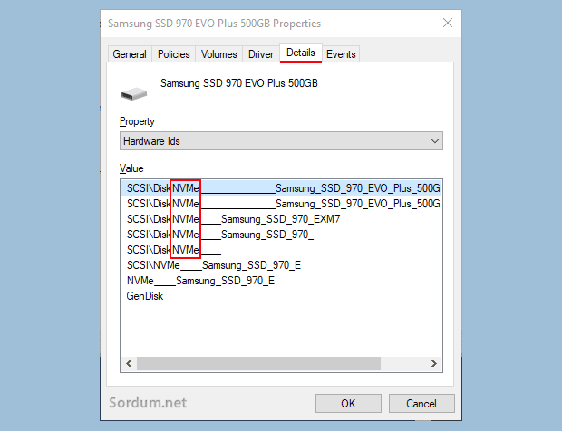 Aygıt yöneticisinde NvMe disk