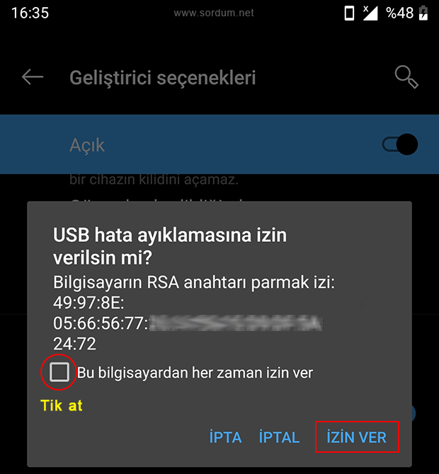 USB hata ayıklamasına izin ver