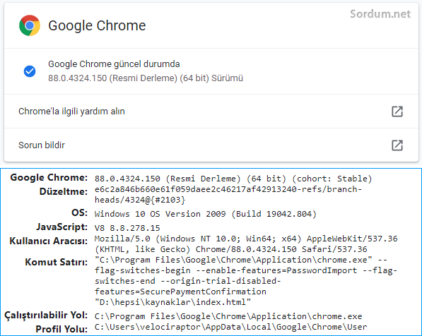 Google chrome sürüm numarası nasıl bulunur