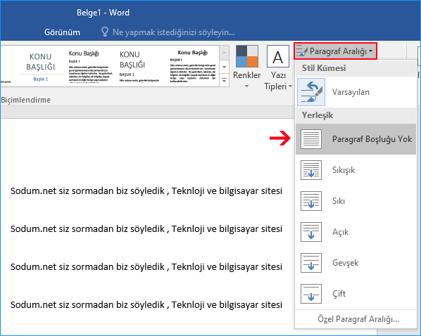 Microsoft Word Paragraf aralığı