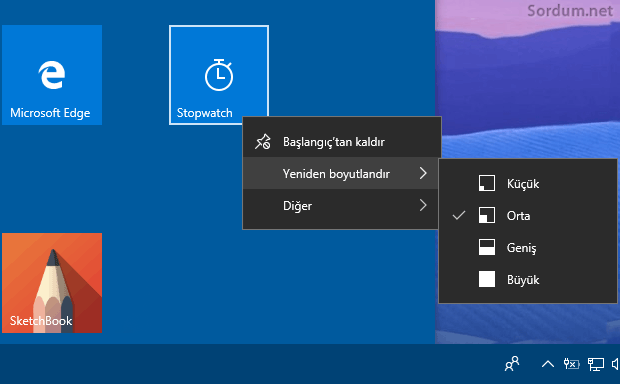 Başlatta yeralan ikonu yeniden boyutlandıralım