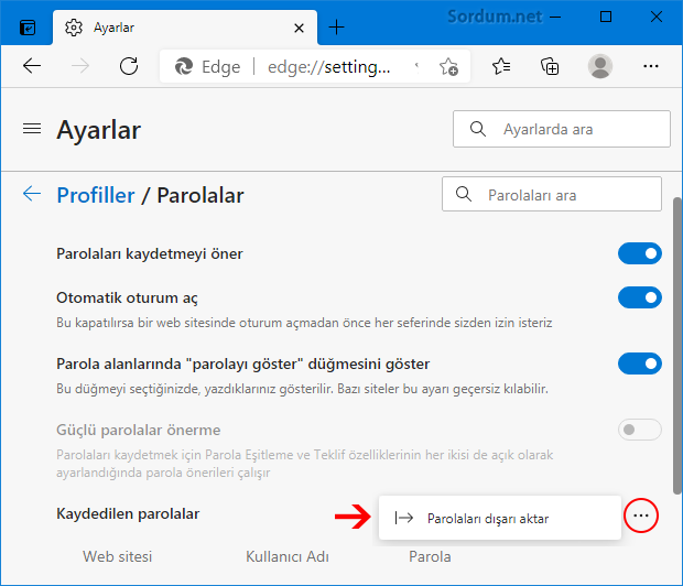 Edge parolaları dışa aktar özelliği