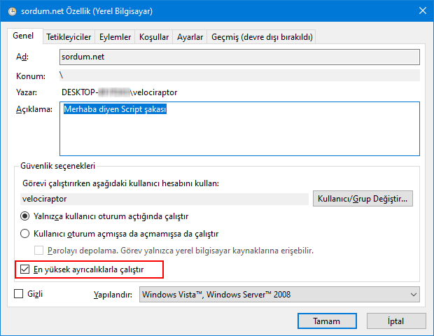 En yüksek ayrıcalıklarla çalıştır