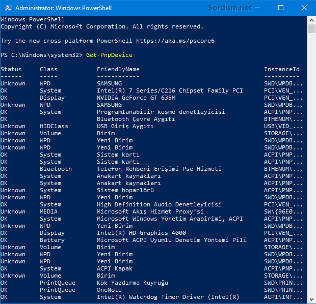 Powershell ile tak çıkar aygıtlarını listeletin