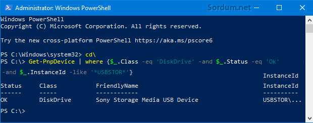 Powershell de takılı USB aygıtın bul