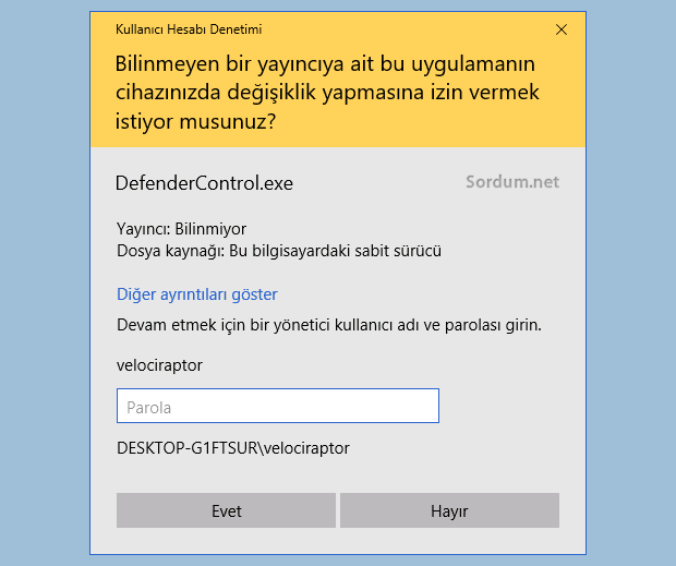 Kullanıcı hesabı denetimi şifre soruyor