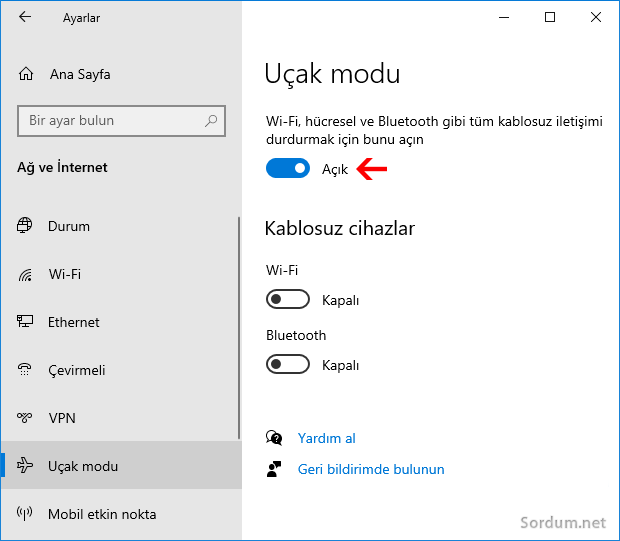 Windows 10 Uçak modu açık