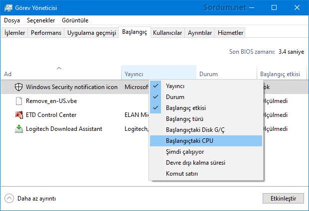 Açılışta çalışan Program ayrıntıları