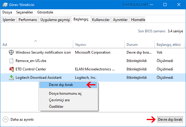 Açılışta çalışan uygulamayı devre dışı bırak