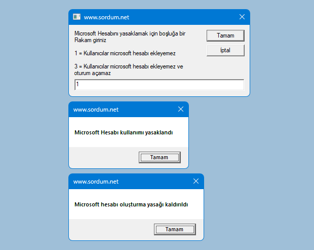 Bir tıkla Microsoft hesabı kullanımını yasakla