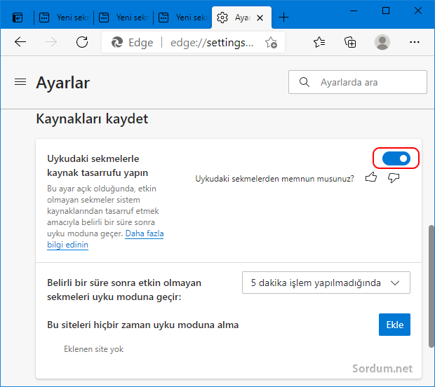 EDGE sekmeleri uyut ayarı