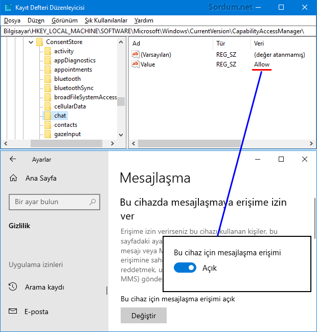 Mesajlaşmaya izin ver registry anahtarı
