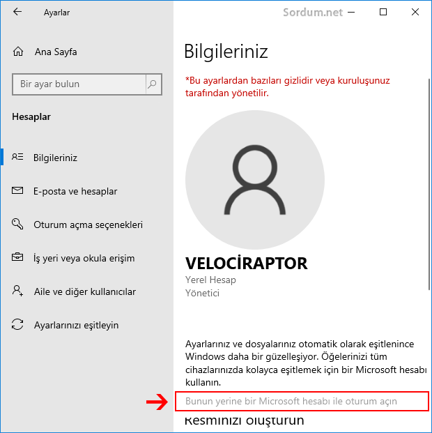 Microsoft hesabı kullanımı yasak