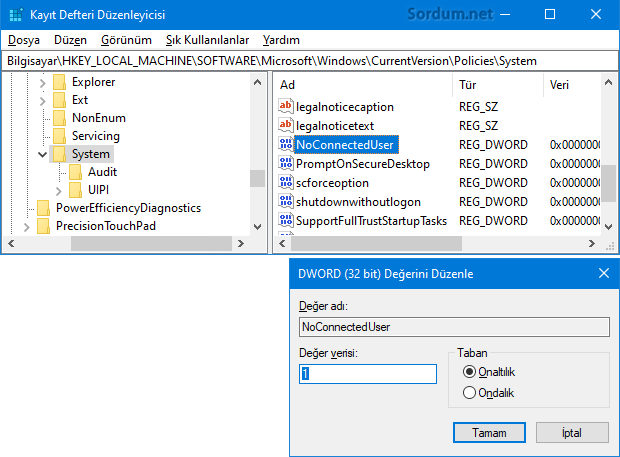 Microsoft hesabını yasakla registry kaydı