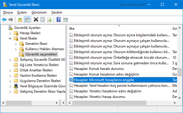 Secpol ile microsoft hesaplarını yasakla