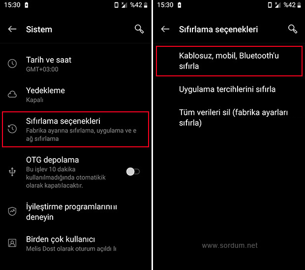 Android sıfırlama seçenekleri
