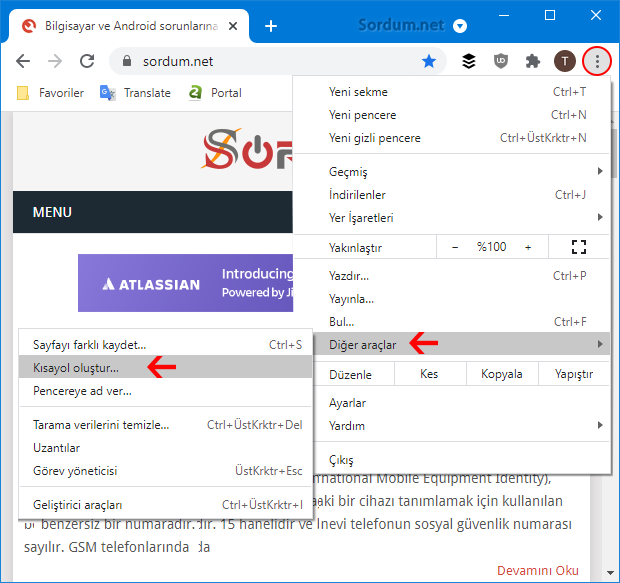 Google chrome de web sayfası kısayolu oluştur