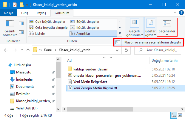 KLasör ve arama seçeneklerini değiştir