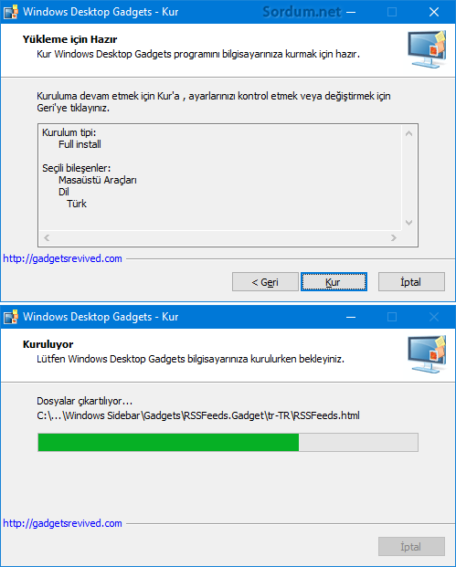 Windows desktop gadgets kuruluyor