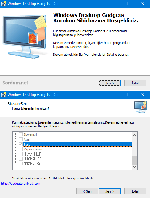 Windows desktop gadgets kurulum ekranı