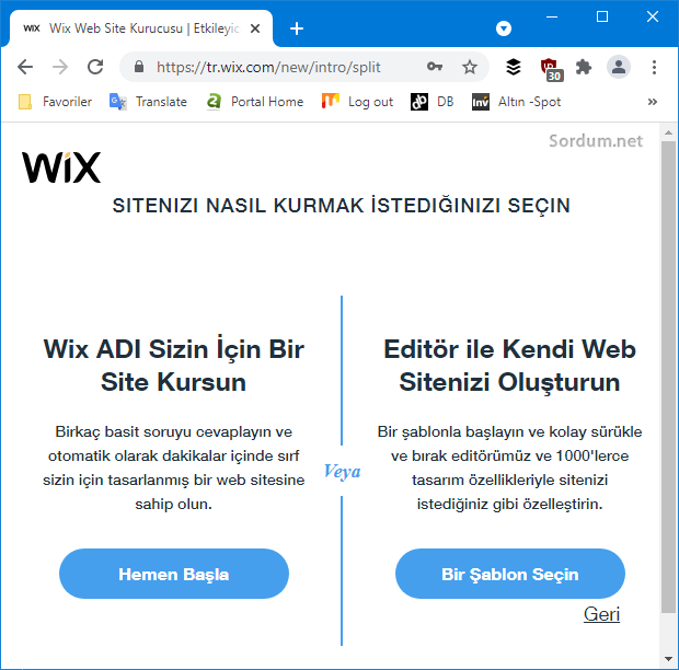 Wix site seçenekleri sayfası