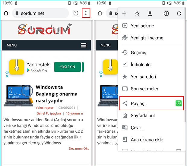 Android Chrome ekran alıntısı aracı