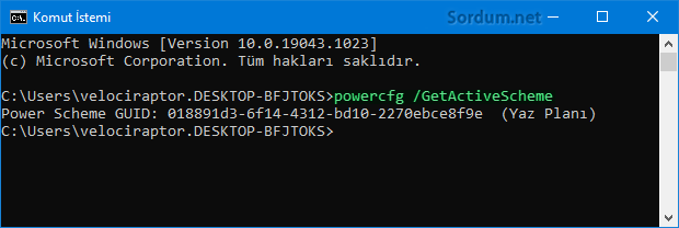 Cmd komutu ile mevcut güç planınızı bulun