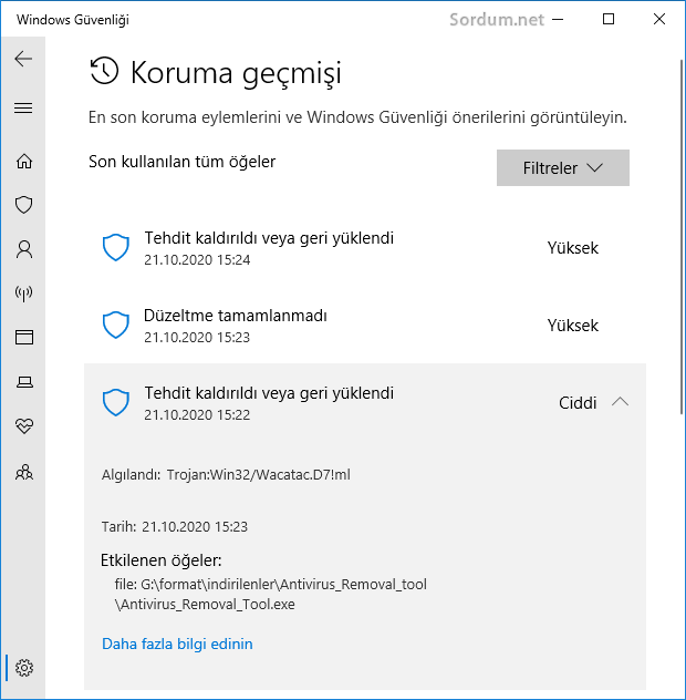 Windows defender koruma geçmişi