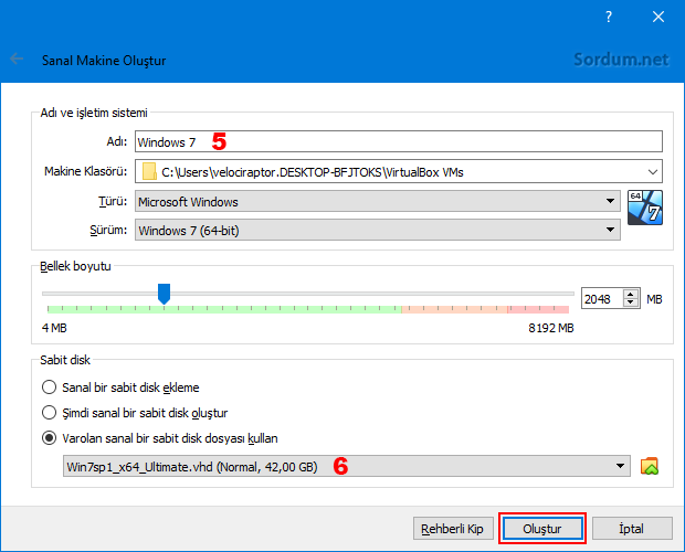 Virtual box ta sanal makina oluşturuluyor