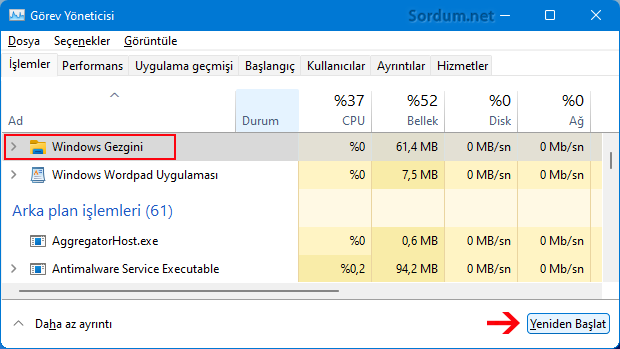 Windows 11 de dosya gezginini yeniden başlat
