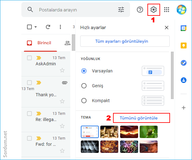 Masaüstü Gmailde tüm ayarlar