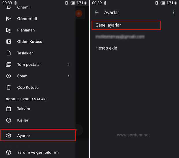 Android Gmailde genel ayarlar