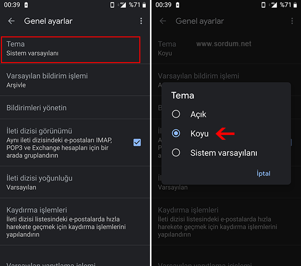 Gmail koyu tema ayarı