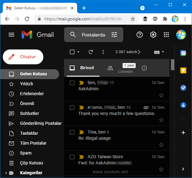 Gmail masaüstü koyu tema