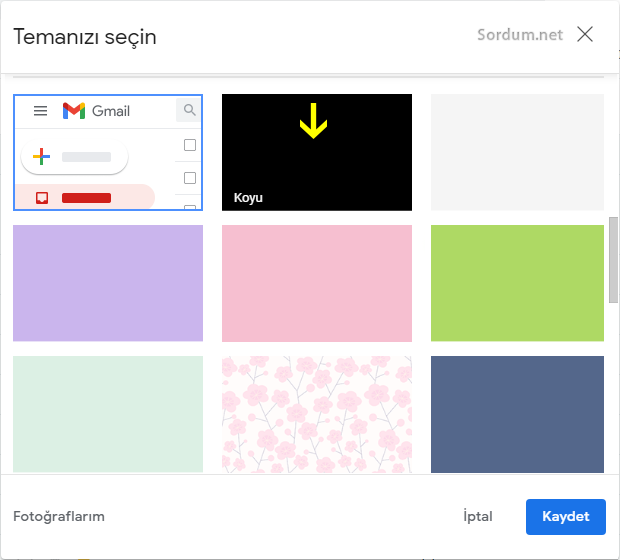 Masaüstü Gmailde Koyu tema