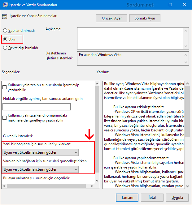 Gpedit.msc yazdırma ksıtlaması