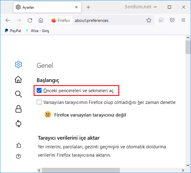 Fiefox önceki oturumu geri yüklesin
