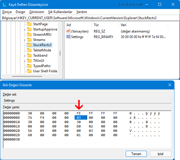 Windows 11 Registryde grev çubuğu konum ayarı