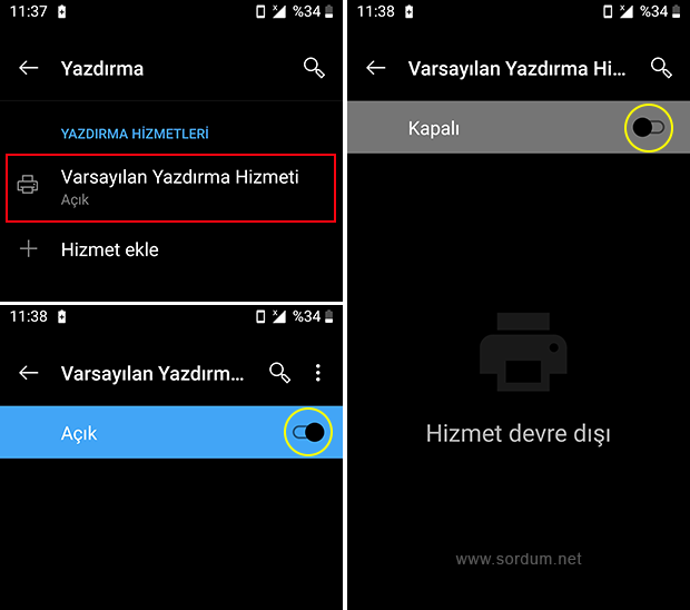 Android telefonda yazdırma hizmetini devre dışı bırakın