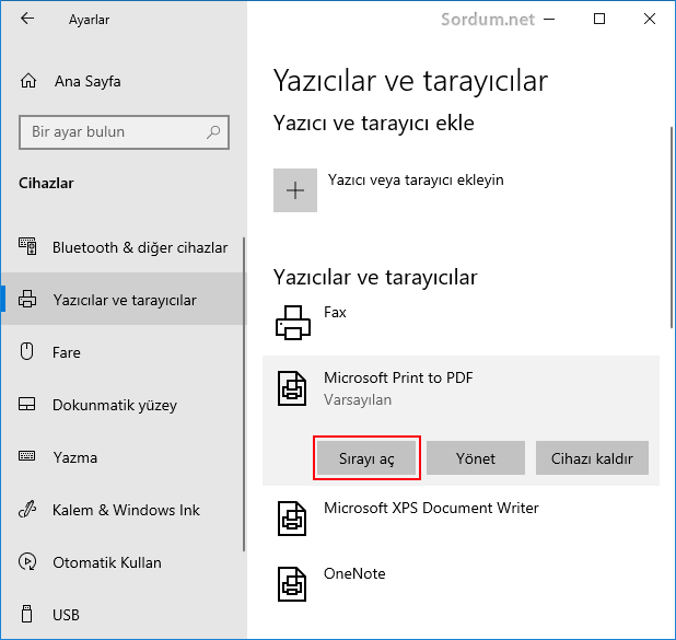 yazıcı sırasını aç