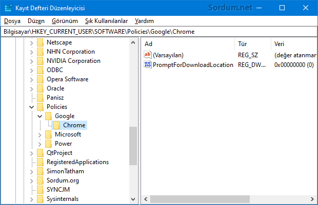 Google chrome indirme yeri registry kaydı