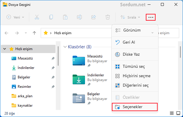 Dosya gezgini seçenekler menüsü