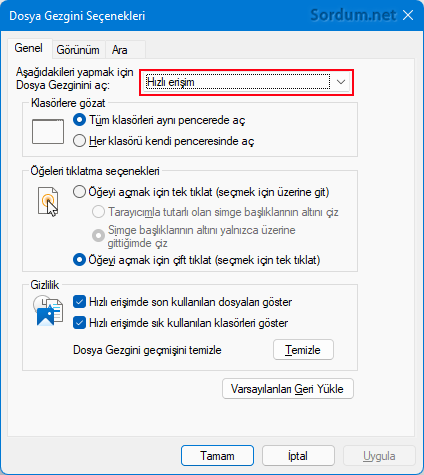 Dosya gezgini seçenekleri