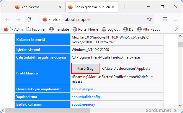 Firefox Profil klasörünü aç