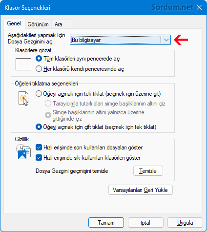 Klasör seçenekleri