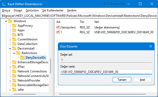 Deny device ids registry anahtarı