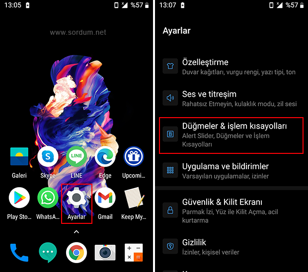 Android düğme ve işlem kısayolları